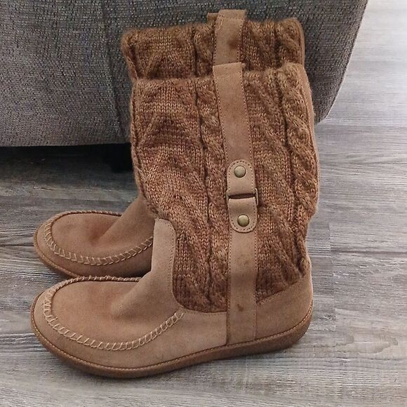 American Eagle Twist Knit midcalf pull on boots  brown suede  Sz 9 - Picture 2 of 9